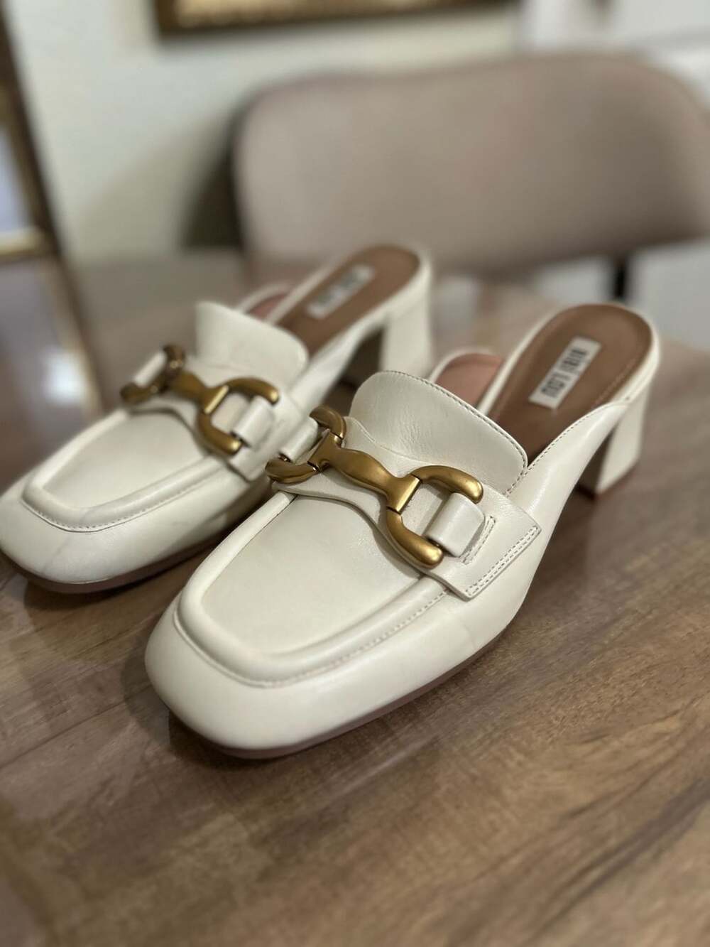 Bibi Lou Cream White Leather Chain Heeled Mules Loafers